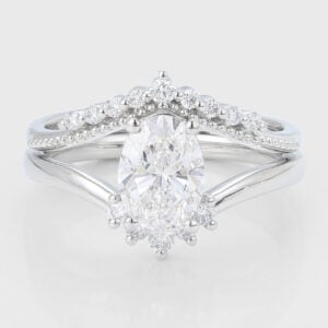 Oval Cut Lab Grown Diamond Unique Engagement Ring Set with Chevron Wedding Band