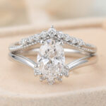 Oval Cut Lab Grown Diamond Unique Engagement Ring Set with Chevron Wedding Band