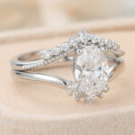 Oval Cut Lab Grown Diamond Unique Engagement Ring Set with Chevron Wedding Band