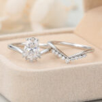 Oval Cut Lab Grown Diamond Unique Engagement Ring Set with Chevron Wedding Band