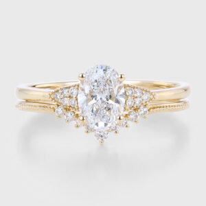 Oval Cut Lab Grown Diamond Vintage Bridal Set Beaded Engagement Ring
