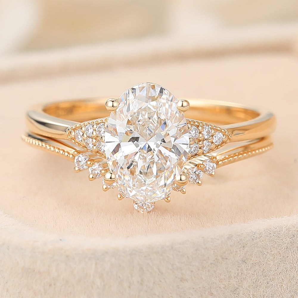 Oval Cut Lab Grown Diamond Vintage Bridal Set Beaded Engagement Ring (2) Oval Cut Lab Grown Diamond Vintage Bridal Set Beaded Engagement Ring (2)