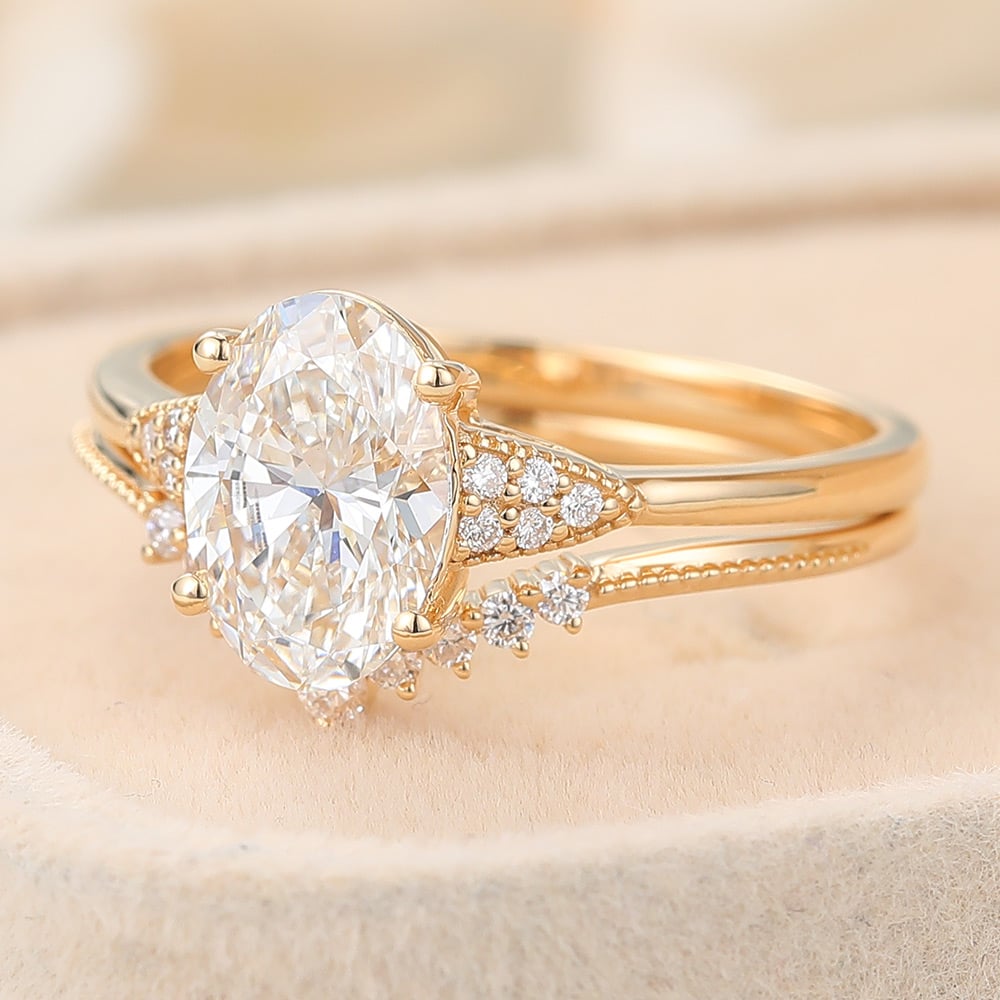 Oval Cut Lab Grown Diamond Vintage Bridal Set Beaded Engagement Ring (3) Oval Cut Lab Grown Diamond Vintage Bridal Set Beaded Engagement Ring (3)
