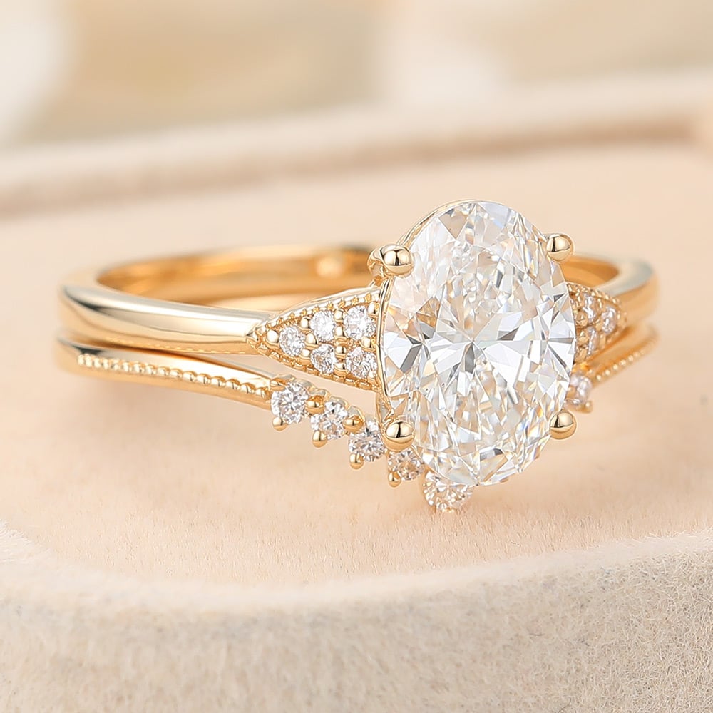 Oval Cut Lab Grown Diamond Vintage Bridal Set Beaded Engagement Ring (4) Oval Cut Lab Grown Diamond Vintage Bridal Set Beaded Engagement Ring (4)