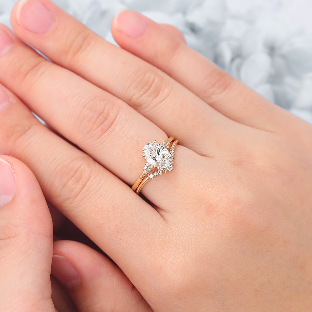 Oval Cut Lab Grown Diamond Vintage Bridal Set Beaded Engagement Ring (6) Oval Cut Lab Grown Diamond Vintage Bridal Set Beaded Engagement Ring (6)