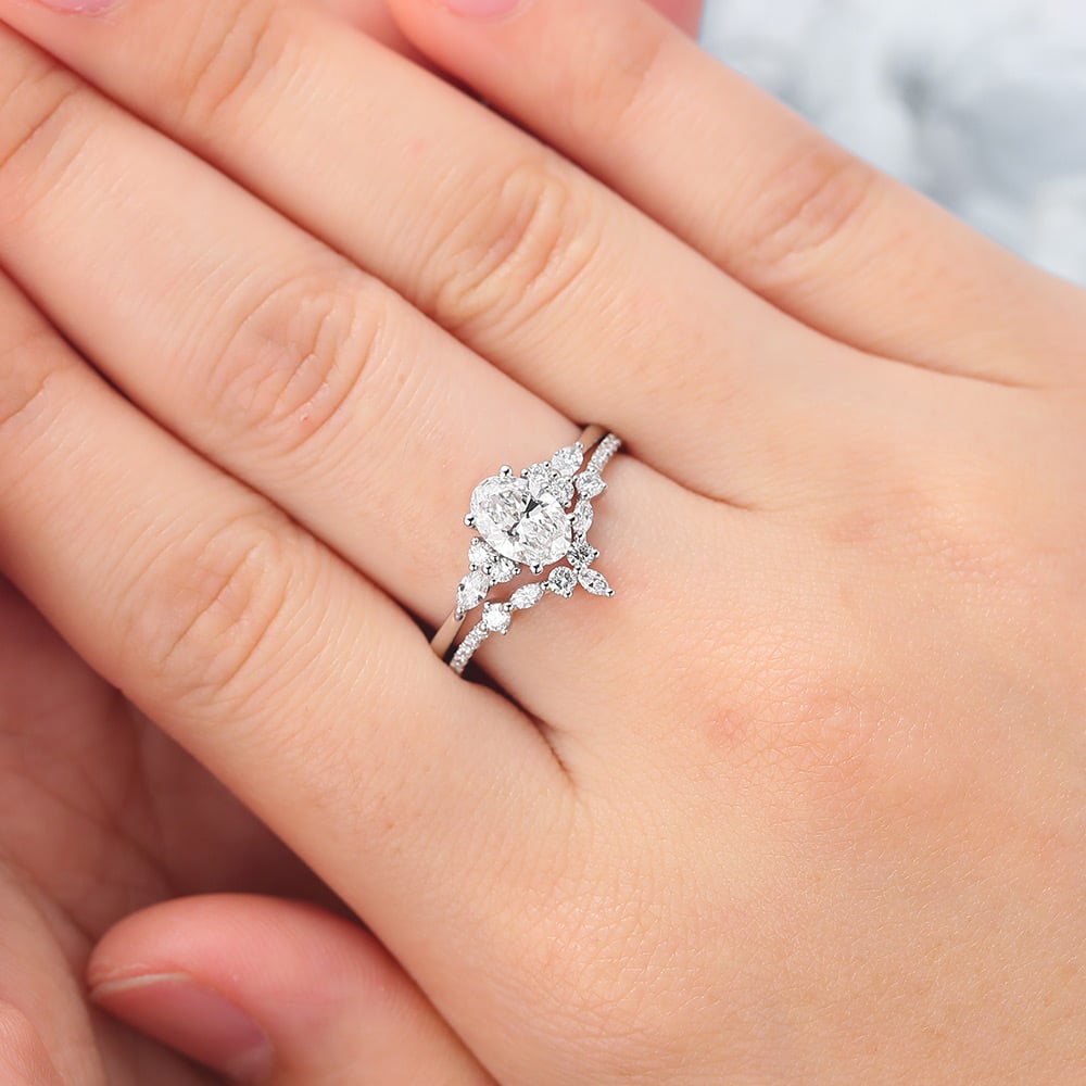 Oval Cut Lab Grown Diamond Vintage Bridal Set Cluster Engagement Ring