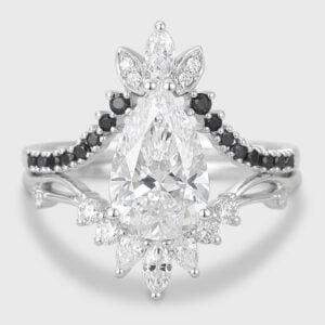 Pear Cut Lab Grown Diamond Chevron Bridal Ring Set with Black Onyx Accents
