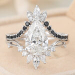 Pear Cut Lab Grown Diamond Chevron Bridal Ring Set with Black Onyx Accents