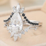 Pear Cut Lab Grown Diamond Chevron Bridal Ring Set with Black Onyx Accents