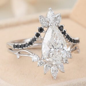 Black Onyx Jewelry Pear Cut Lab Grown Diamond Chevron Bridal Ring Set with Black Onyx Accents