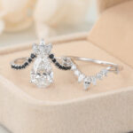 Pear Cut Lab Grown Diamond Chevron Bridal Ring Set with Black Onyx Accents