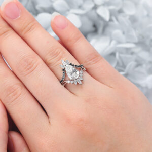Pear Cut Lab Grown Diamond Chevron Bridal Ring Set with Black Onyx Accents