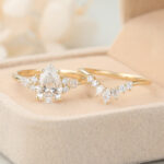 Pear Cut Lab Grown Diamond Cluster Engagement Ring Set with Curved Wedding Band