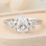 Pear Cut Lab Grown Diamond Cluster Engagement Ring Dual Claw Prong Bridal Ring