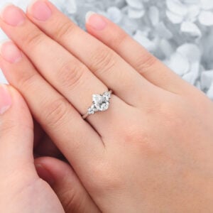 Pear Cut Lab Grown Diamond Cluster Engagement Ring Dual Claw Prong Bridal Ring