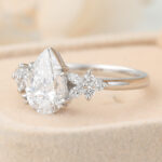 Pear Cut Lab Grown Diamond Cluster Engagement Ring Dual Claw Prong Bridal Ring