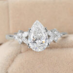 Pear Cut Lab Grown Diamond Cluster Engagement Ring Dual Claw Prong Bridal Ring