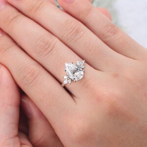 Pear Cut Lab Grown Diamond Engagement Ring Marquise Accented Bridal Ring