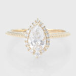 Pear Cut Lab Grown Diamond Halo Engagement Ring Milgrain Bridal Ring
