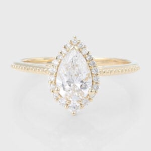 Pear Cut Lab Grown Diamond Halo Engagement Ring Milgrain Bridal Ring
