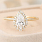 Pear Cut Lab Grown Diamond Halo Engagement Ring Milgrain Bridal Ring