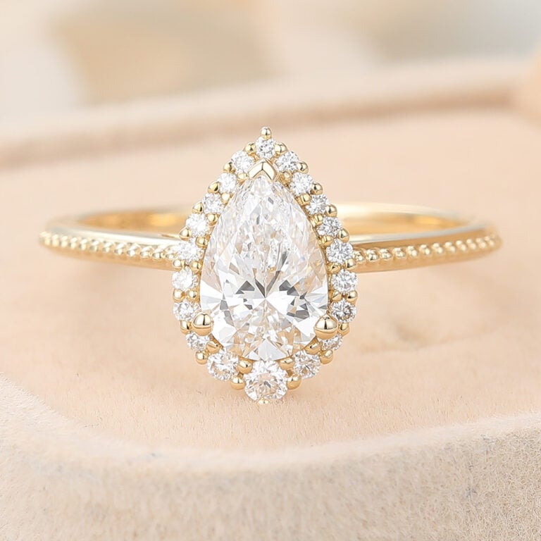 Dainty Wedding Bands Pear Cut Lab Grown Diamond Halo Engagement Ring Milgrain Bridal Ring