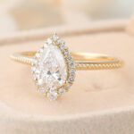 Pear Cut Lab Grown Diamond Halo Engagement Ring Milgrain Bridal Ring