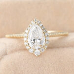 Pear Cut Lab Grown Diamond Halo Engagement Ring Milgrain Bridal Ring