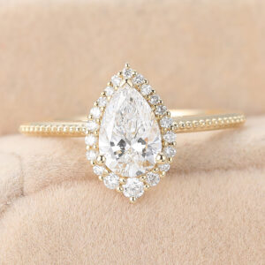 Cluster Ring vs. Solitaire Pear Cut Lab Grown Diamond Halo Engagement Ring Milgrain Bridal Ring
