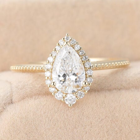 Cluster Ring vs. Solitaire Pear Cut Lab Grown Diamond Halo Engagement Ring Milgrain Bridal Ring
