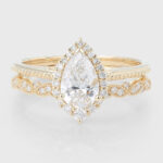 Pear Cut Lab Grown Diamond Halo Engagement Ring Set with Straight Wedding Band