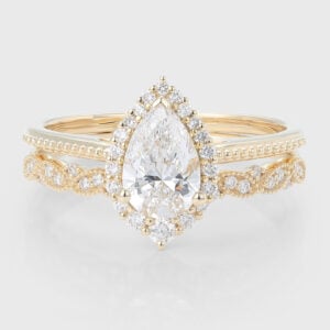 Pear Cut Lab Grown Diamond Halo Engagement Ring Set with Straight Wedding Band