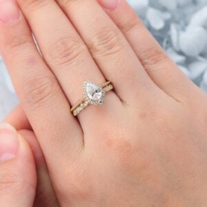 Pear Cut Lab Grown Diamond Halo Engagement Ring Set with Straight Wedding Band