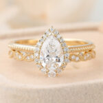 Pear Cut Lab Grown Diamond Halo Engagement Ring Set with Straight Wedding Band