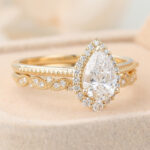 Pear Cut Lab Grown Diamond Halo Engagement Ring Set with Straight Wedding Band