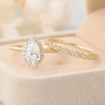 Pear Cut Lab Grown Diamond Halo Engagement Ring Set with Straight Wedding Band