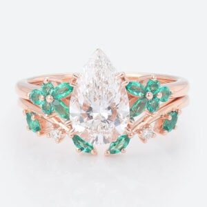 Pear Cut Lab Grown Diamond Nature-Inspired Bridal Ring Set with Emerald Accents