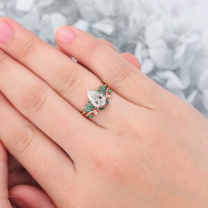 Pear Cut Lab Grown Diamond Nature-Inspired Bridal Ring Set with Emerald Accents