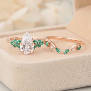 Types of Jewelry Green Sapphire vs Emerald Pear Cut Lab Grown Diamond Nature-Inspired Bridal Ring Set with Emerald Accents