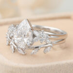 Pear Cut Lab Grown Diamond Nature-Inspired Engagement Ring Set with Leaf Wedding Band