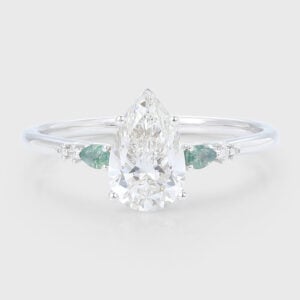 Pear Cut Lab Grown Diamond Unique Engagement Ring with Moss Agate Accents