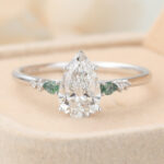 Pear Cut Lab Grown Diamond Unique Engagement Ring with Moss Agate Accents