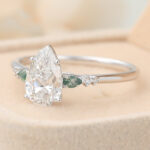 Pear Cut Lab Grown Diamond Unique Engagement Ring with Moss Agate Accents