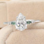 Pear Cut Lab Grown Diamond Unique Engagement Ring with Moss Agate Accents