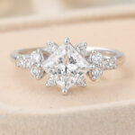 Princess Cut Lab Grown Diamond Cluster Engagement Ring Floral-Inspired Bridal Ring