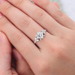 Princess Cut Lab Grown Diamond Cluster Engagement Ring Floral-Inspired Bridal Ring