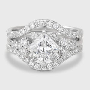 Princess Cut Lab Grown Diamond Cluster Engagement Ring Set with Enhancer Band
