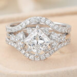 Princess Cut Lab Grown Diamond Cluster Engagement Ring Set with Enhancer Band