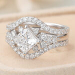 Princess Cut Lab Grown Diamond Cluster Engagement Ring Set with Enhancer Band