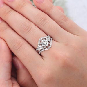 Princess Cut Lab Grown Diamond Cluster Engagement Ring Set with Enhancer Band